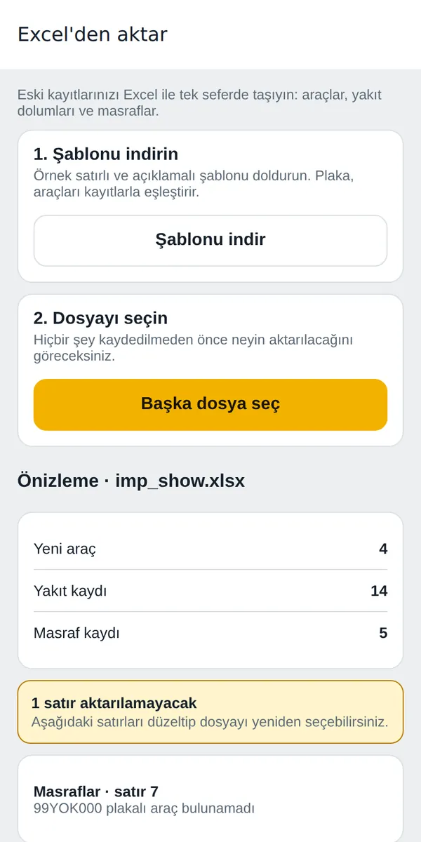 Excel içe aktarma önizlemesi