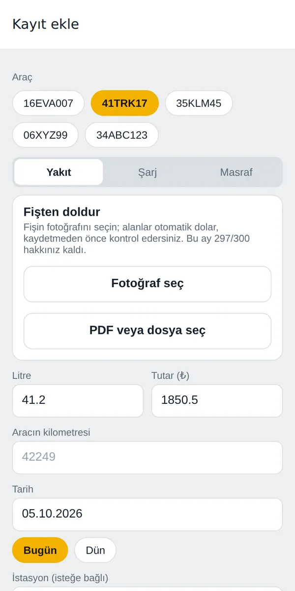 Fişten otomatik dolan kayıt formu