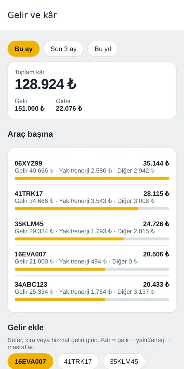 Araç başına gelir ve kâr ekranı