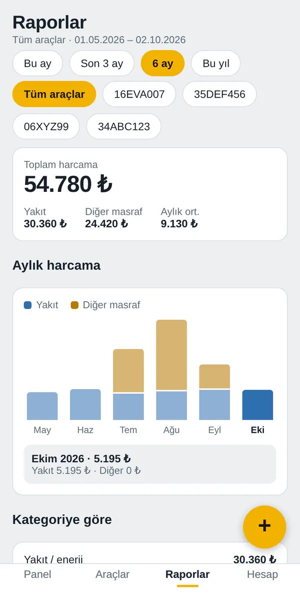 Raporlar: aylık harcama grafiği ve kategoriler